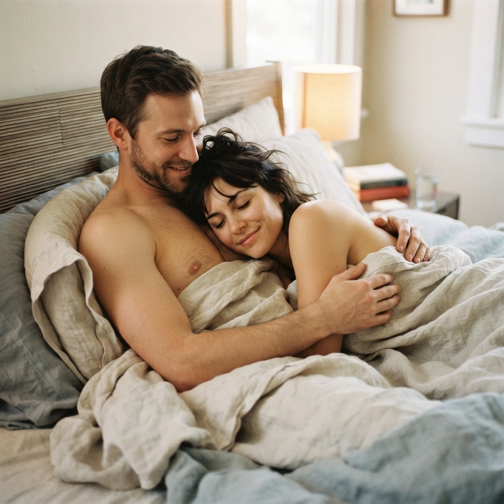 A couple relaxed and close together in bed