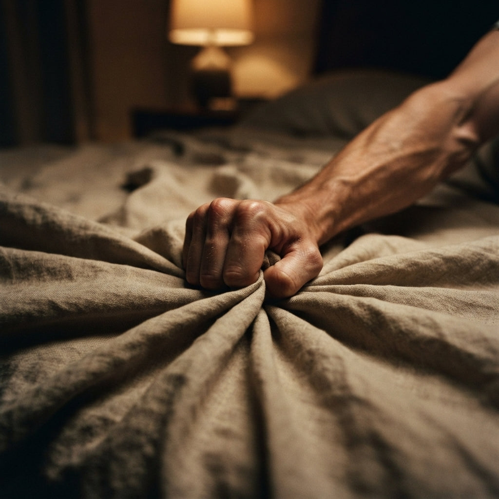 A hand gripping the bedsheet in a dimly lit bedroom