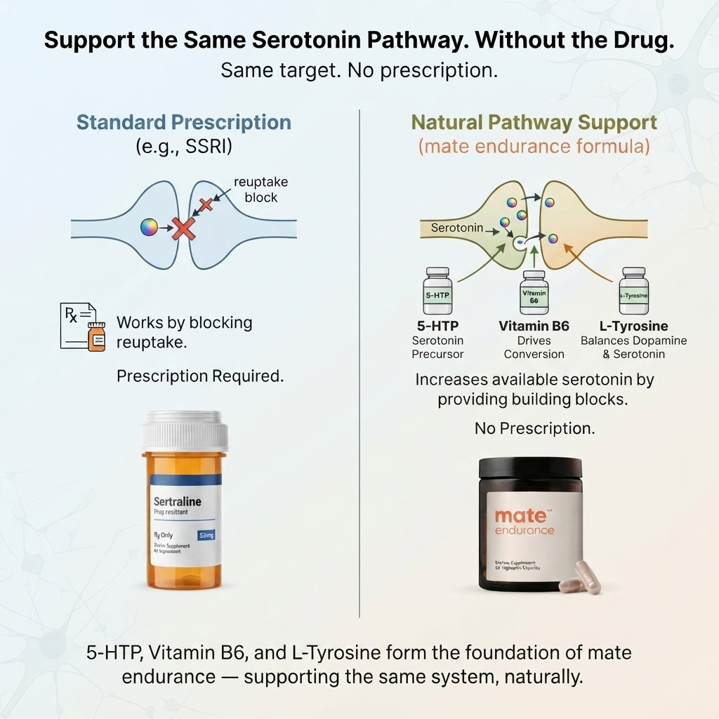 Diagram comparing how a prescription SSRI and the ingredients in mate endurance act on the serotonin pathway