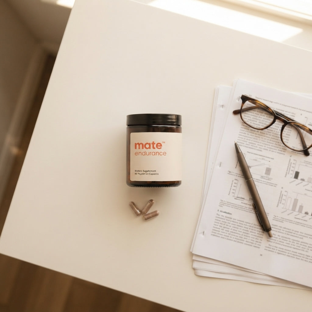 A jar of mate endurance and loose capsules beside a stack of printed research pages